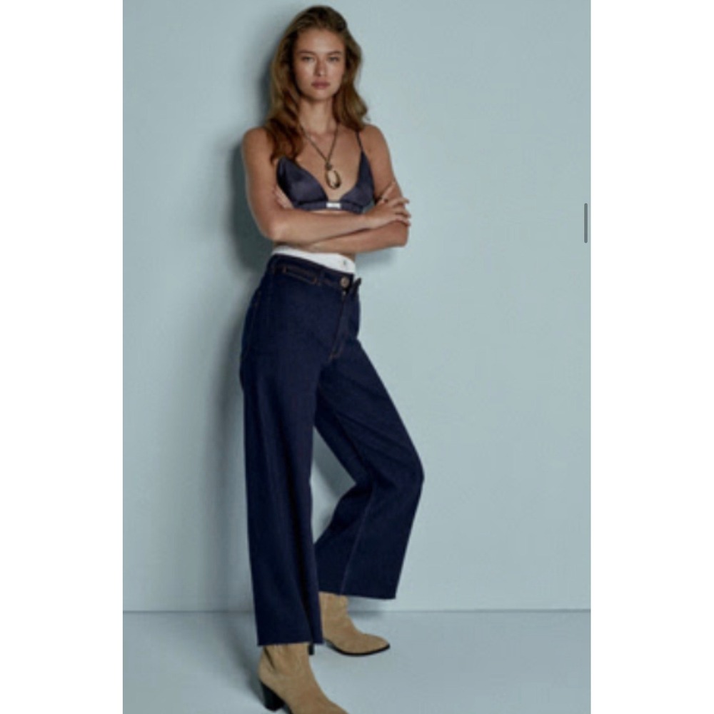 Maeve Anthropologie the Ettie High Rise Wide Leg Cropped Raw Hem Jeans Dark Wash
